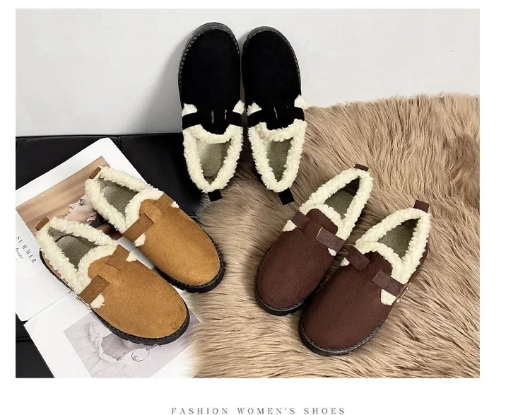 Autumn and winter new velvet warm cotton shoes women's round toe Birkenstock metal buckle wear casual slip-on shoes