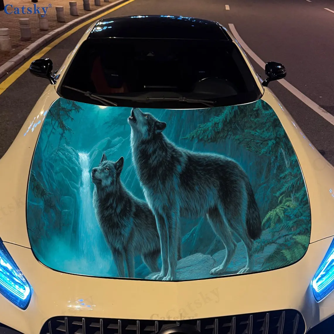 

Mountain Forest Twin Wolves Howling at Moon PVC Car Vinyl Wraps, Self-Adhesive Waterproof Car Hood Decal Sticker, Car Decoration