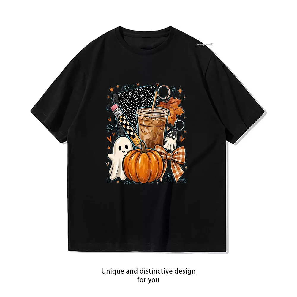 Halloween Teacher Fall Pumpkin Ghosts Iced Coffee and Back to School T-shirt Woman Man Summer Cotton Graphic T Shirts Adult