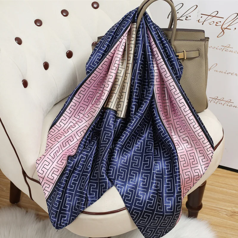 90*90cm Women Square Silk Scarf Luxury Brand Large Shawl Neckerchief Print Headband Female Foulard Bandana Wraps Hijab Scarves