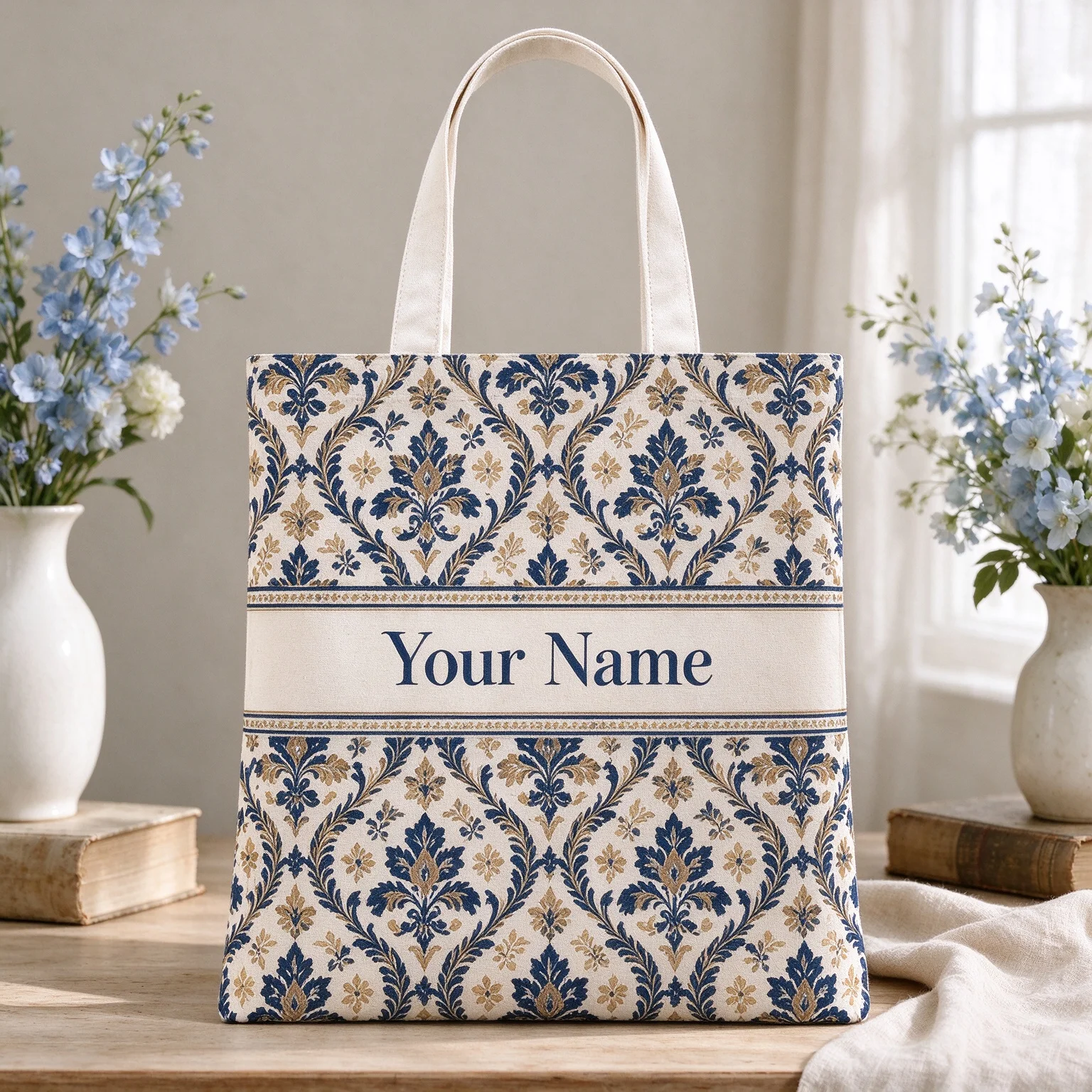 Personalized Vintage Damask Floral Tote Bag Custom Name Reusable Grocery Shopping Bag Bridesmaid Wedding Birthday Gift