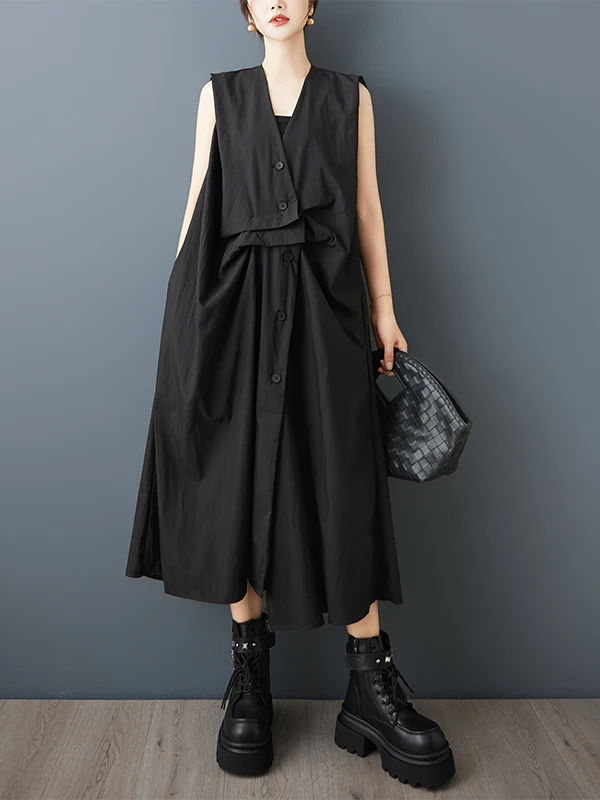 SuperAen Solid-color Asymmetrical Pleated Sleeveless Shirt Dress for Women Summer New Fashion and Casual Loose V-neck Dresses