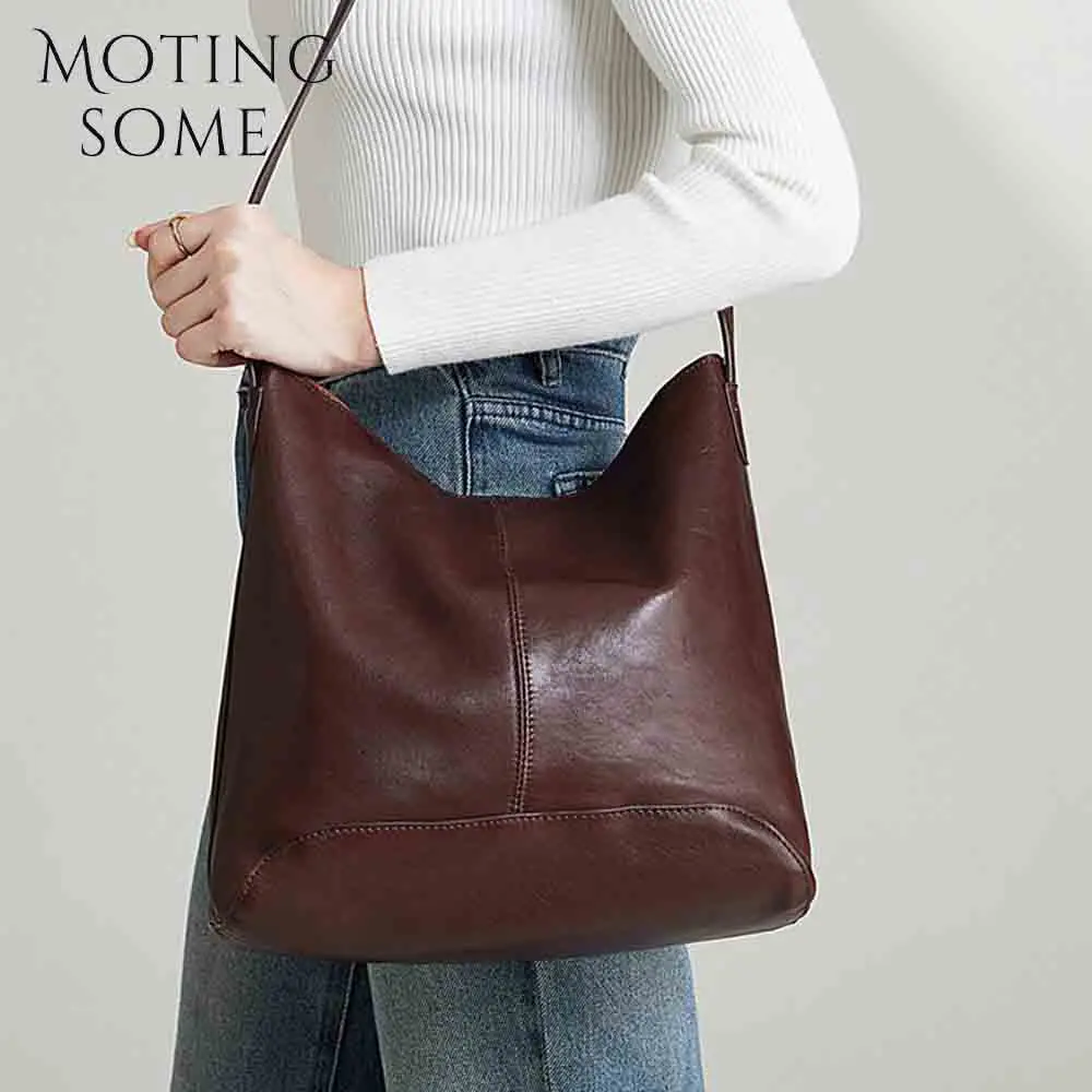 

Motingsome Retro Woman Handbag High Quality Vegetable Tanned Leather Shoulder Bucket Thick Cow Skin Luxury Tote Black 2024 New