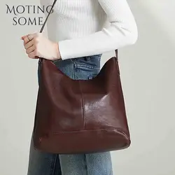 Motingsome Retro Woman Handbag High Quality Vegetable Tanned Leather Shoulder Bucket Thick Cow Skin Luxury Tote Black 2024 New