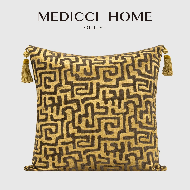 Medicci Home Lustrous Metallic Greek Key Embroidered Throw Pillow Cover Luxe Gold Decorative Cushion Case Modern Manhattan Style