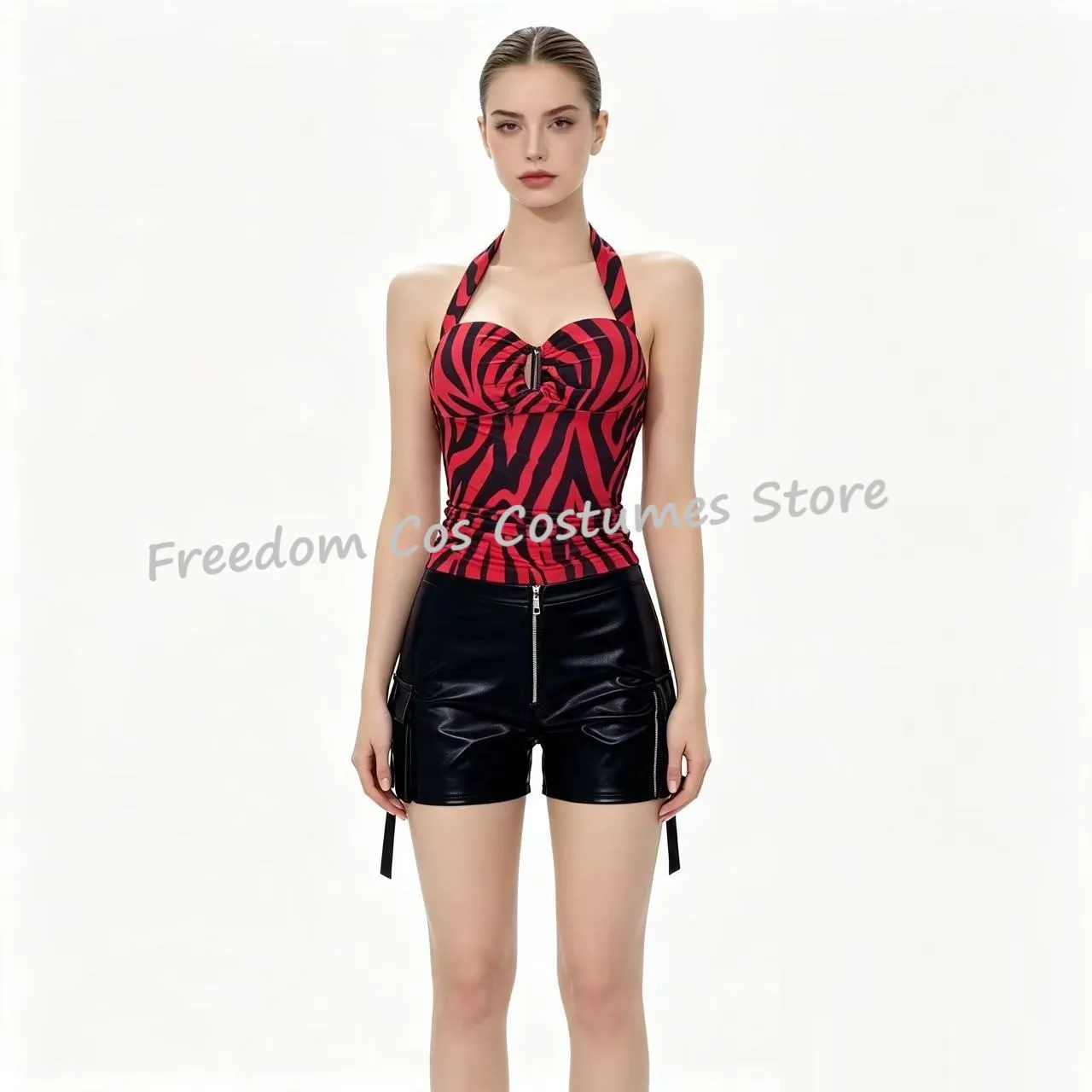 Movie Obsession Movie Nikki Cosplay Red Black Zebra Print Halter Sexy Top Faux Leather Cargo Shorts Adult Women Halloween suit view 2