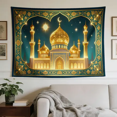 Islamic Mosque Tapestry Wall Hanging Boho Arabic Art Gold Dome Minaret Islam Decoration Ramadan Eid Ornament Polyester Home Deco