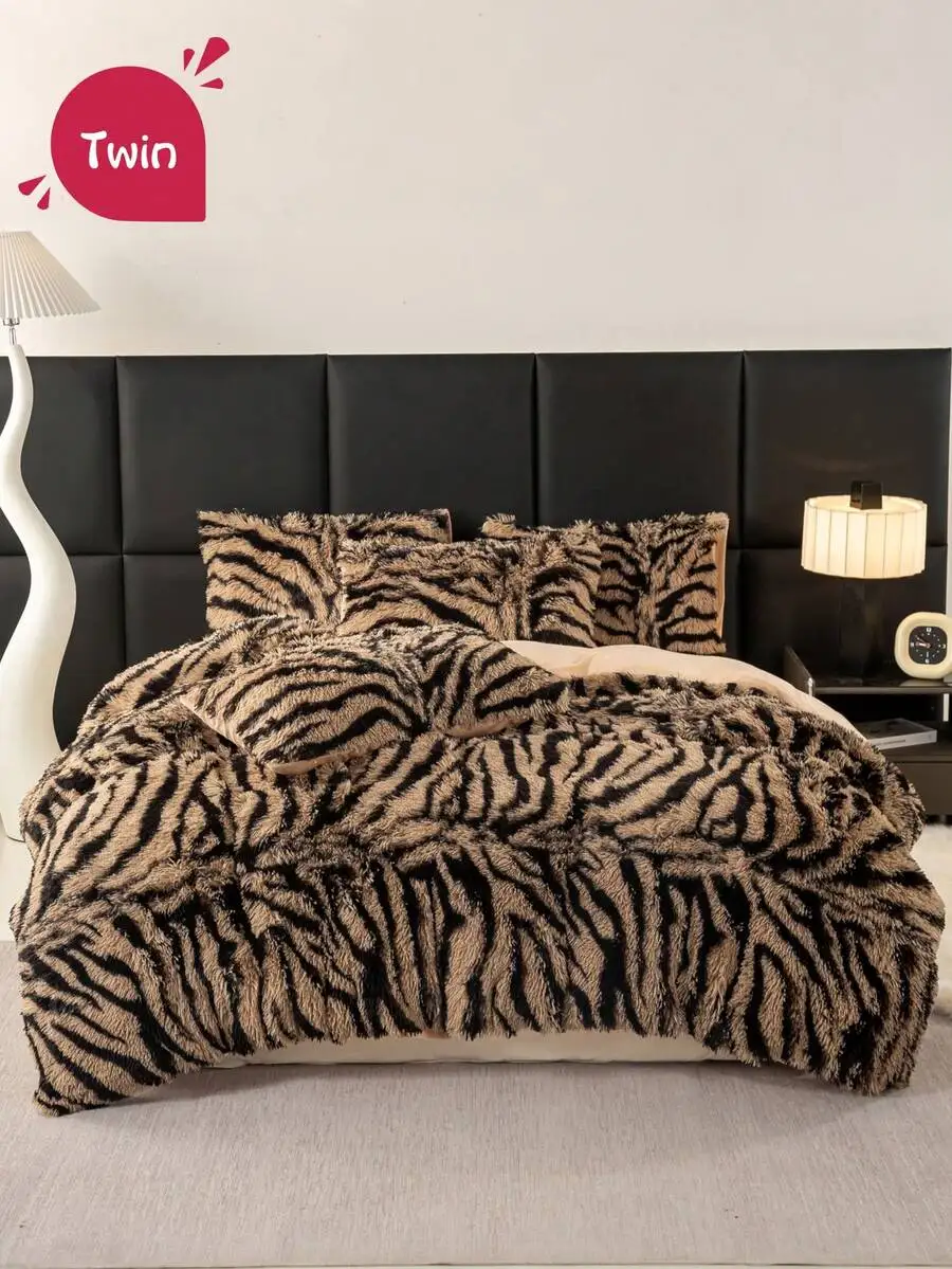 3pcs Zebra Print Animal Plush Shaggy Duvet Cover Set, Soft Fluffy Fuzzy Bedding Set, Skin-Friendly Warm Cozy Easy-Care Design, S