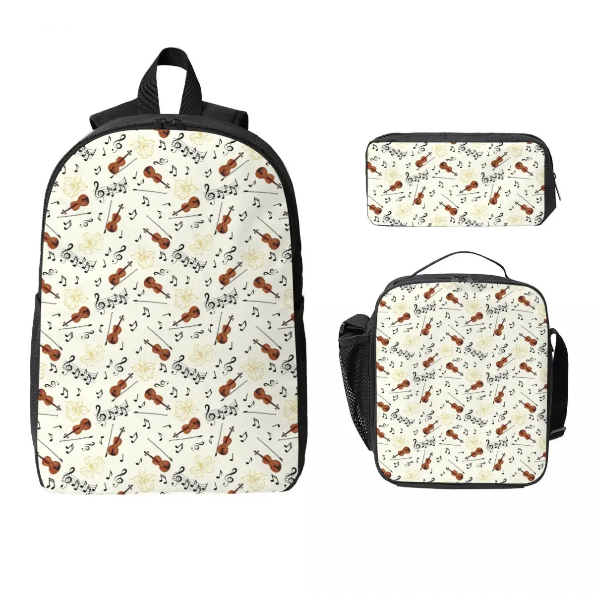 

Violin Music Notes Floral Backpack Student BookBag School Bag Computer Shoulder Bags 3ps Insulated Lunch Bag Pencil Case
