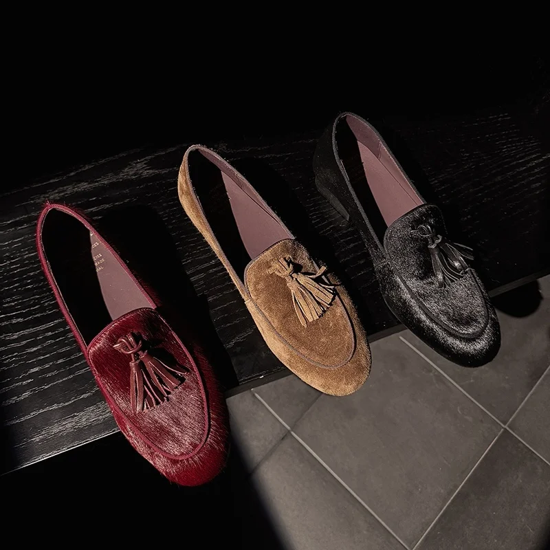 MKKHOU Fashion Casual Women's Shoes New High-Quality Horsehair Round Toe Low Heel Loafers Neutral Women's Shoes