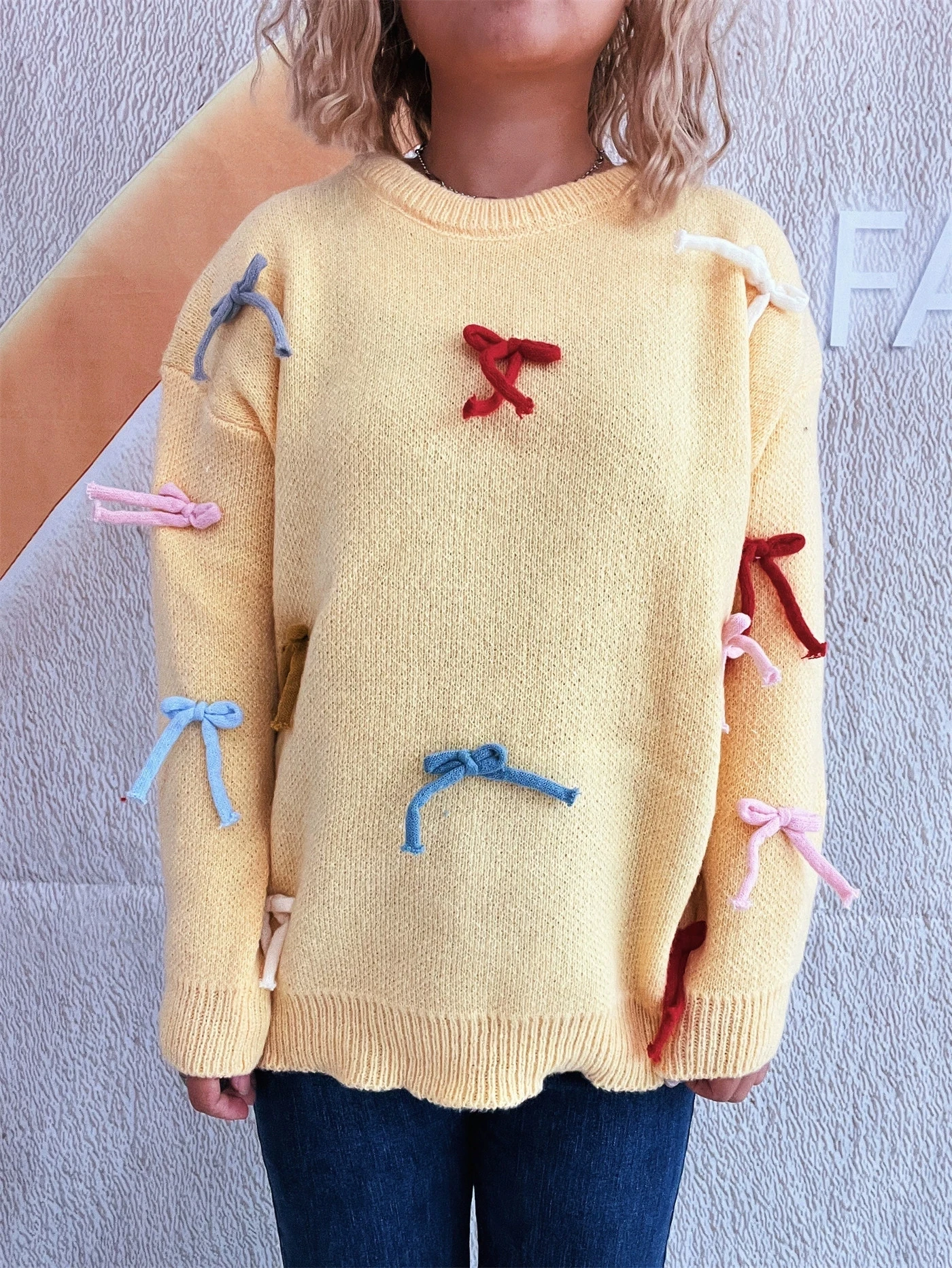 

European and American new spliced three-dimensional butterfly knot knitted sweater autumn and winter sweet casual sweater tops