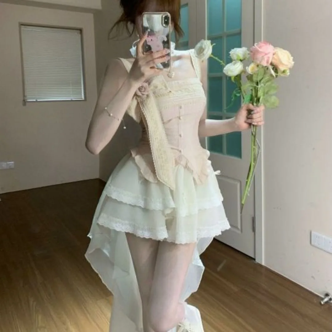 Japanese Sweet Harajuku Kawaii Lolita Princess Skirt Set Japanese Y2k Women Slim Tops Mini Cake Skirt Irregular 2-piece Sets New