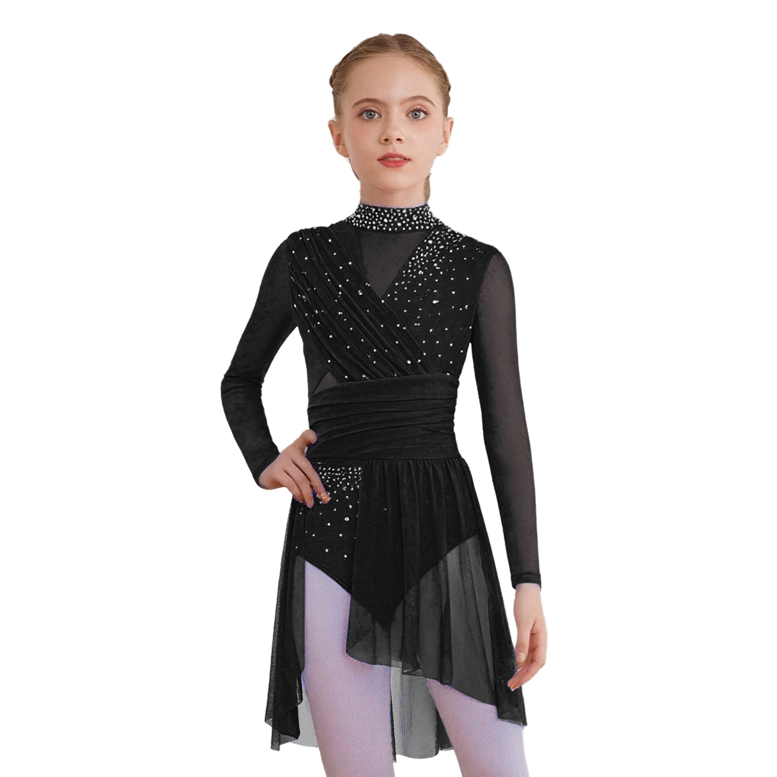 فستان رقص غنائي للأطفال البنات بأكمام طويلة فستان باليه بقماش شفاف ومقسم بأحجار الراين اللامعة للأطفال فستان التزلج على الجليد #5