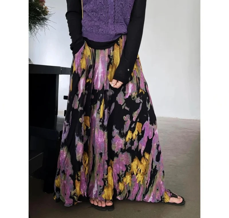 Falda larga plisada avanzada con franjas de carne Retro, falda larga estampada adelgazante de nueva moda