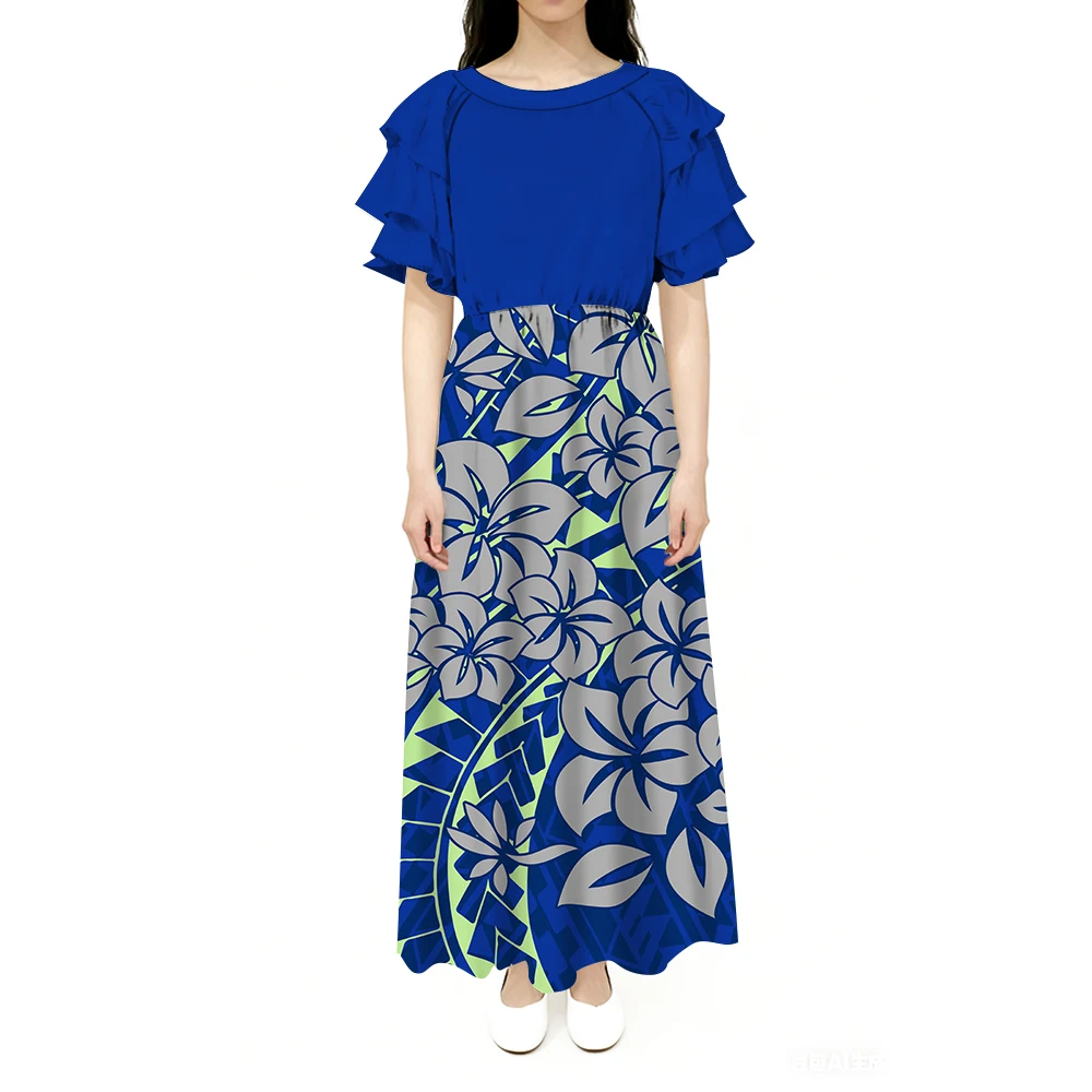 

Custom-Made Round-Neck Lotus Leaf Sleeve Casual And Elegant Women'S Dress Long Cinched Waist Polynesian Design Pattern