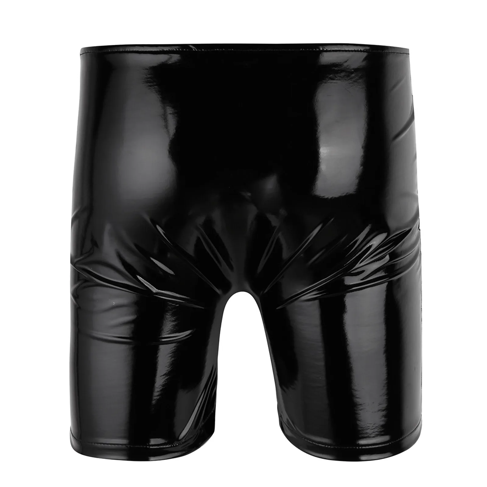 Mens Shiny Sexy Boxer Shorts Underwear Wetlook Patent Leather Open Penis Hole Shorts Short Pants Hommes Gay Men\'s Shorts