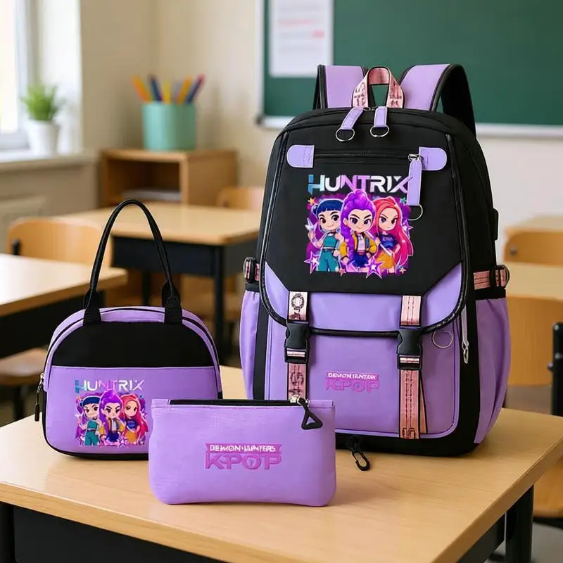 Mochilas Set KPop Demon Hunters Capacity Student SchoolBag For Teenager With Lunch Bags Backpack For Women Boys Girls Daily Use