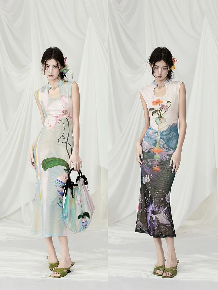 

MildRate оригинальная иллюстрация сочетающийся принт новая китайская длинная юбка Dr Front Ba Two Wear Dr