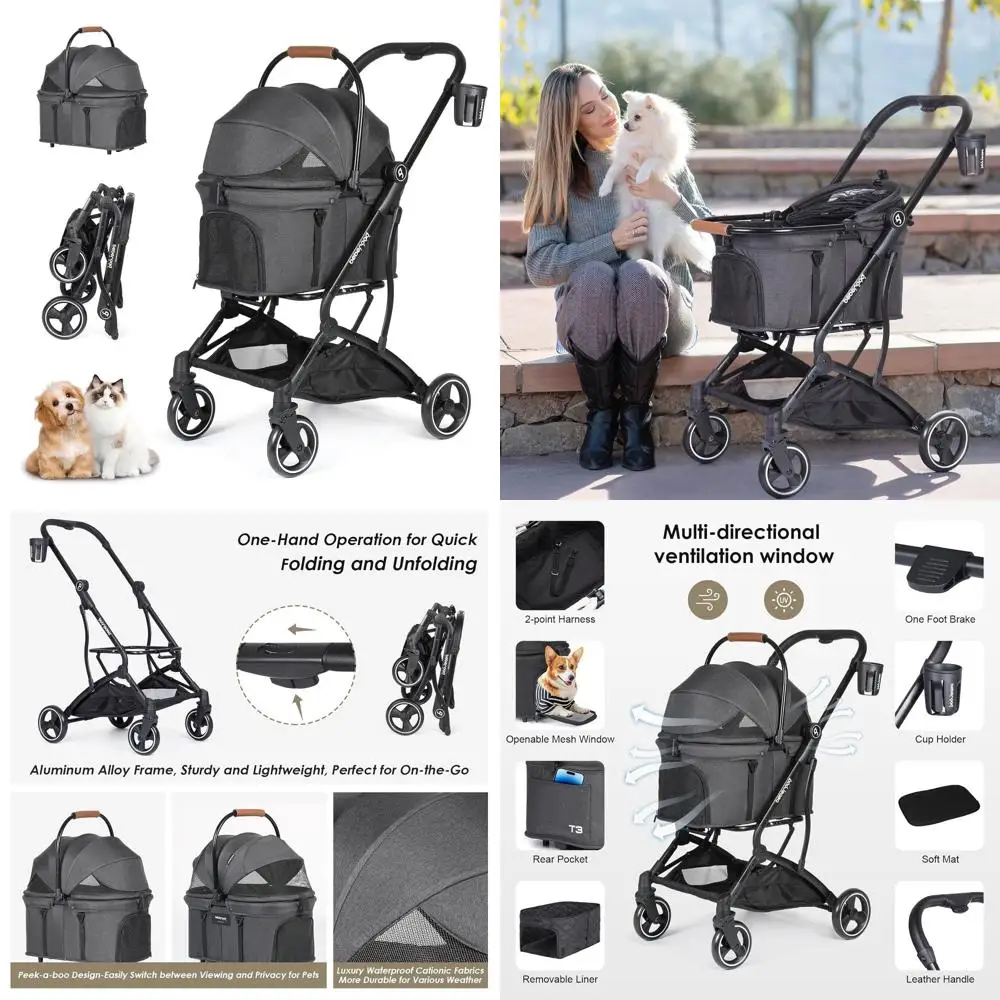 3-in-1 Foldable Pet Stroller - Lightweight, 180° Shade, Removable Carrier for Small Dogs & Cats (Black)