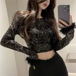 Sexy Sequin Long Sleeved T-shirt for Women 2024 Spring New Spicy Girls with Fur Patchwork Slim Navel Top