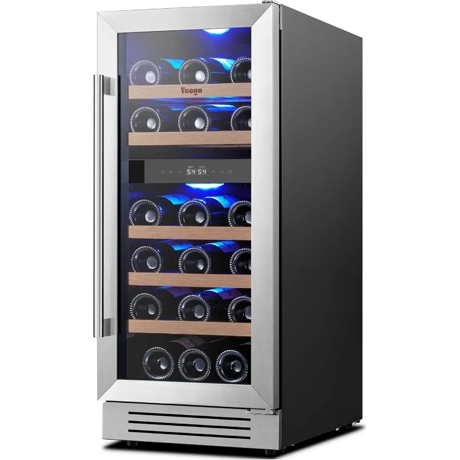 15-Zoll-Weinkühlschrank mit zwei Zonen, 28 Flaschen Fassungsvermögen 40–65 °F, Temperaturregelung, Glastür, integriert, freistehend, unter der Theke