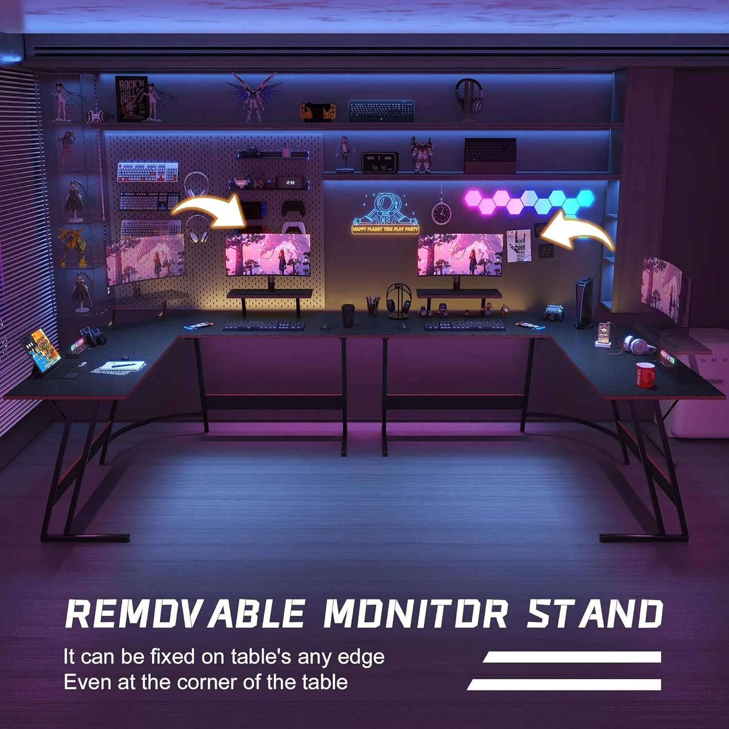 L Shaped Gaming Desk Computer Corner Desk Table with Large Monitor Riser Stand for Home Sturdy Writing Workstation (66 Inch)