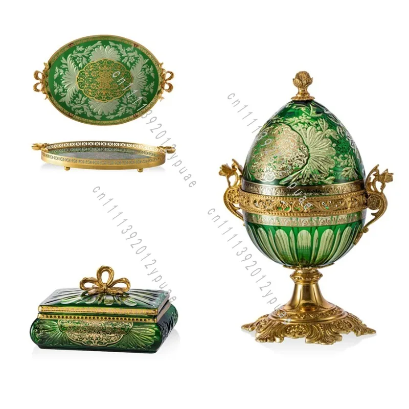 European Luxury Egg Shaped Glass Cover Jewelry Storage Box, Green High-End Decorative Tray&Container for Home Accessory Display
