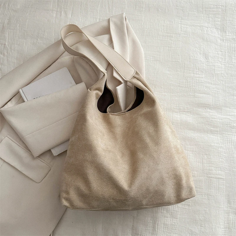 Vintage Damentasche, große Kapazität, Wildleder-Umhängetasche, einfarbig, schlichtes Design, lässige Pendler-Shopper-Tasche – Detail 2