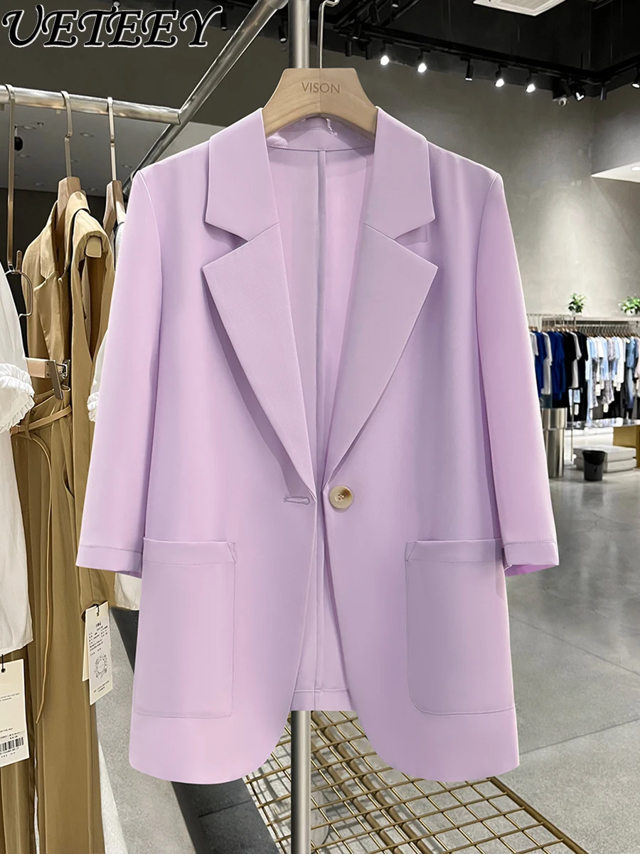 Purple Casual Suit Jacket for Women Summer Thin New High-End Professional Sun Protection Clothes Three-Quarter Sleeve Slim Coat