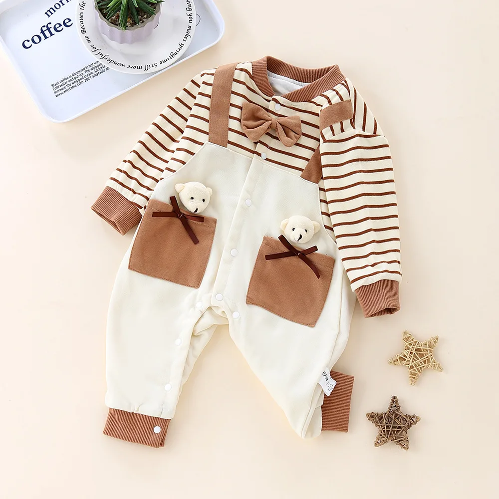 MILANCEL 0-2Y Autumn Baby Clothes Newborn Double Layer Jumpsuit Boys Handsome Bow Tie Romper Toddler Striped Patchwock Outwear