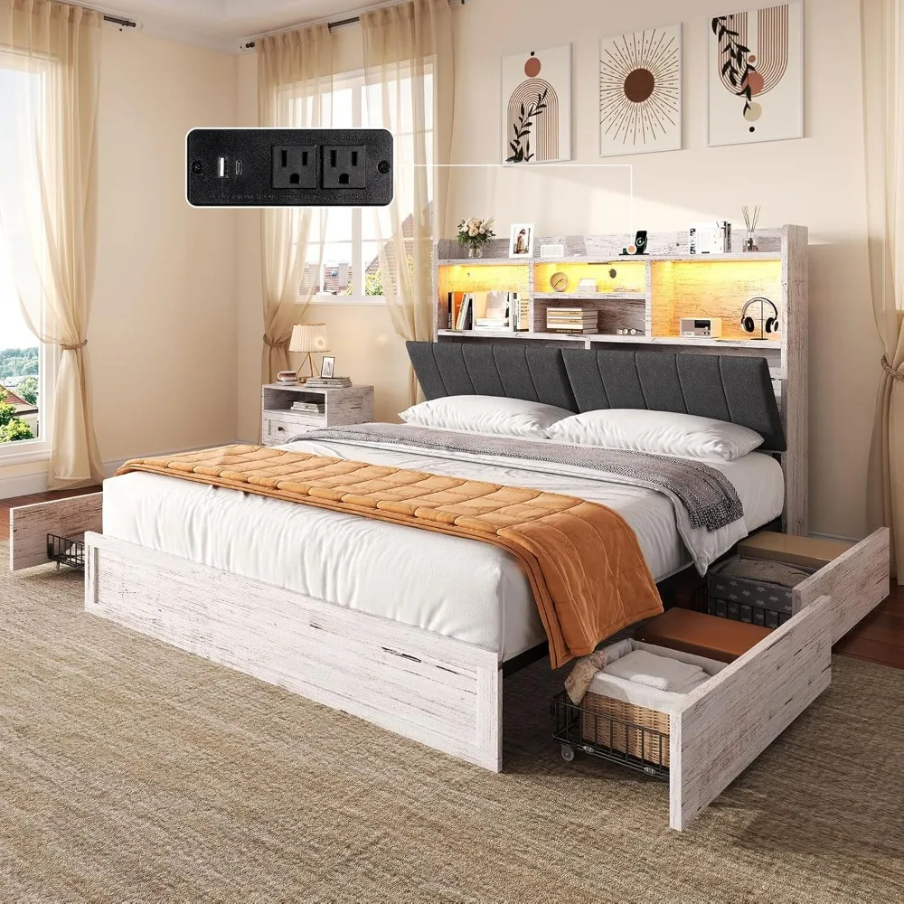 Queen Size Platform Bed with 4 Storage Drawers, LED Bed Frame with Bookcase Headboard, Linen Upholstered No Box Spring Needed,