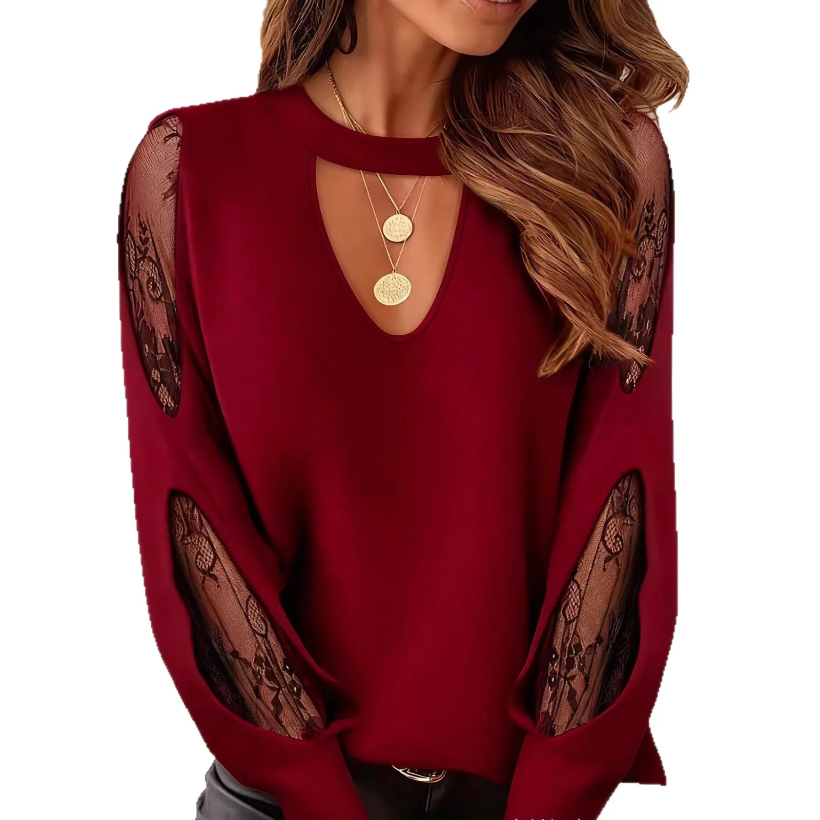 Mulheres elegantes rendas oco costura manga longa pulôver topo em torno do pescoço blusas manga larga primavera verão temperamento