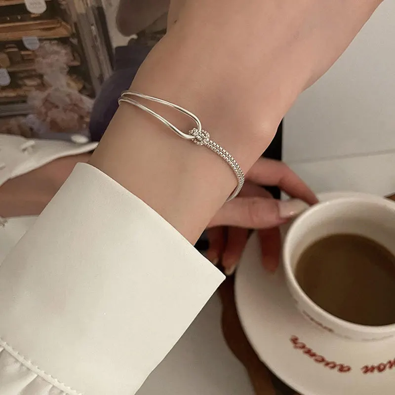 925 Sterling Silver Double Layer Bracelet for Womem Girls Irregular Knot Bangles New Simple Design Fashion Party Jewelry Gifts