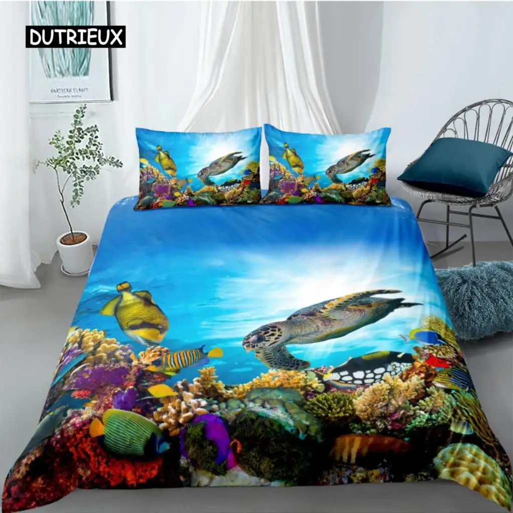 

Ocean Duvet Cover Set Queen Double Size Polyester Ocean Animals Fishes Tortoise and Rainbow Color Coral Printed Comforter Cover