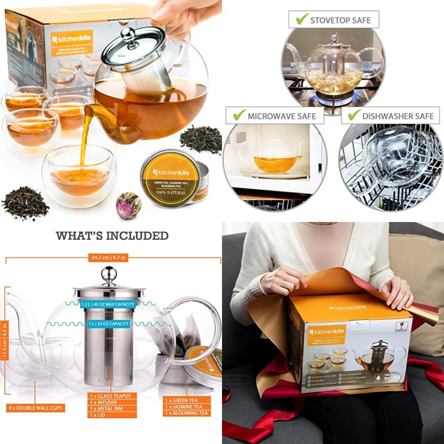 

Glass Teapot Set with 4 Double Wall Tea Cups and Removable Stainless Steel Infuser, 35oz/1000ml Borosilicate Tea Kettle Stoveto
