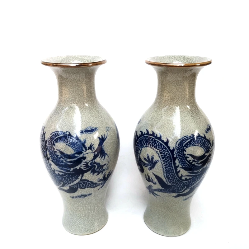 YIZHU CULTUER ART Size 24 cm A Pair Old Chinese blue-and-white Porcelain Dragon Vase Family Decoration Gift Collection