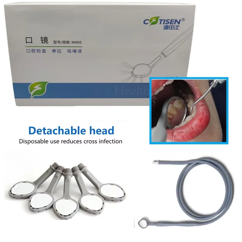 50Pcs/Box Disposable Saliva Suction Mirror Dental Suction Mirrors Set Anti-Fog Plastic Mouth Mirror with Silicone Tube