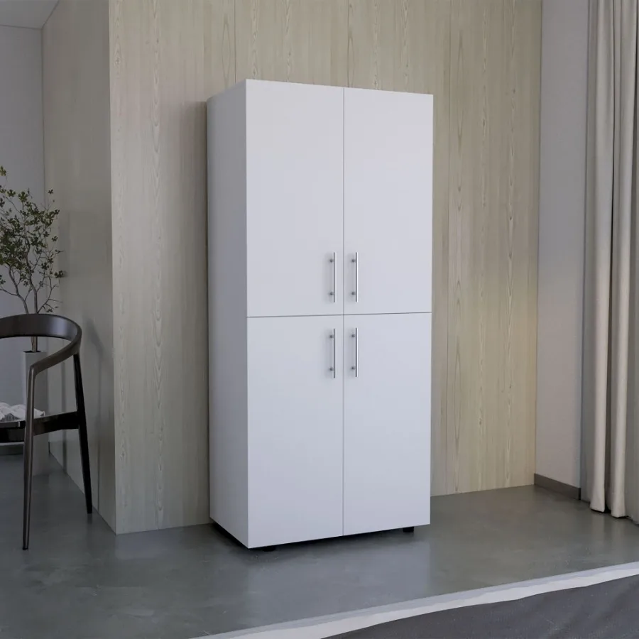 خزانة الدولاب 70 بوصة ارتفاع أبواب مزدوجة 6 أرفف 2 قضبان تعليق بيضاء #2