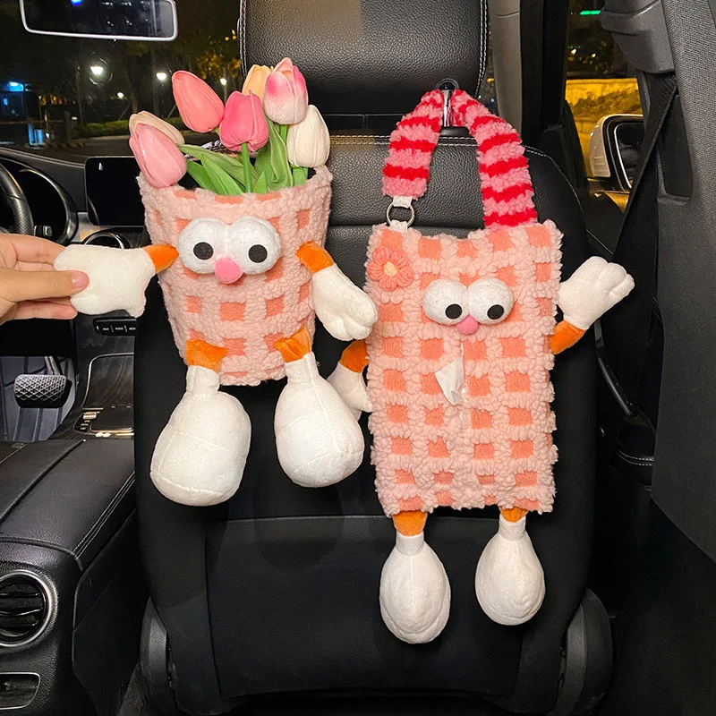 Car trash can, dual-purpose tissue box, car interior storage bin, hanging waterproof umbrella storage cartoon tissue bag