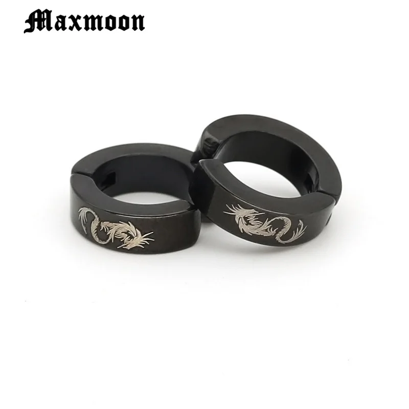 Maxmoon Punk Mens Strong Magnet Stainless Steel Circle Magnetic Clip Earrings Magnet Fake Plugs No Piercing Clip Dragon Tattoo