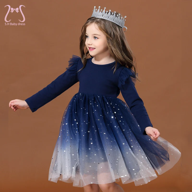 Sweet Girls Party Evening Dress Starry Gradient Long Short Sleeve Princess Bubble Fashion Dress Children\'s Clothes Girls Dresses