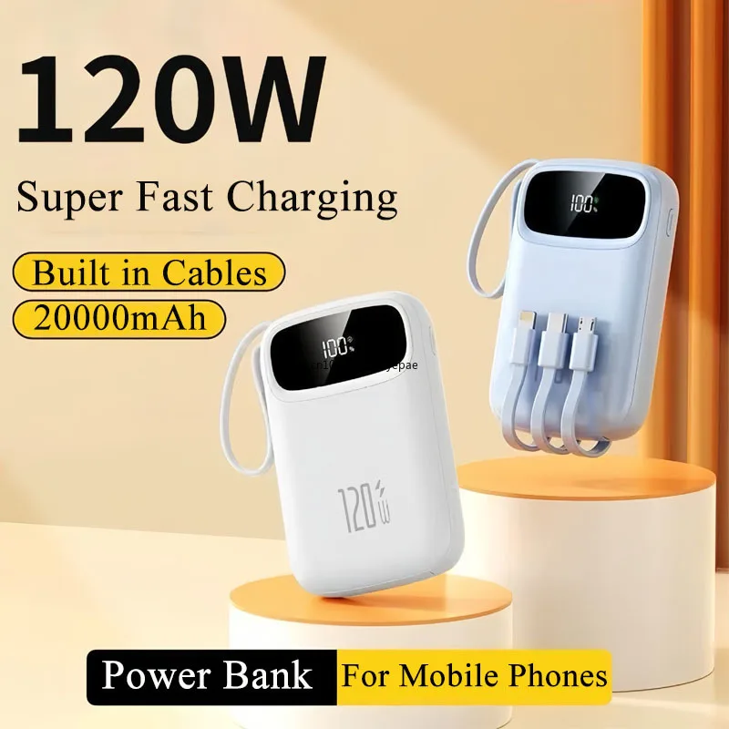 

120 Вт, 10000 мАч, 20000 мАч, внешний аккумулятор, встроенный кабель USB-C для iPhone 16, Samsung S25, Xiaomi, портативное зарядное устройство Powerbank с быстрой зарядкой