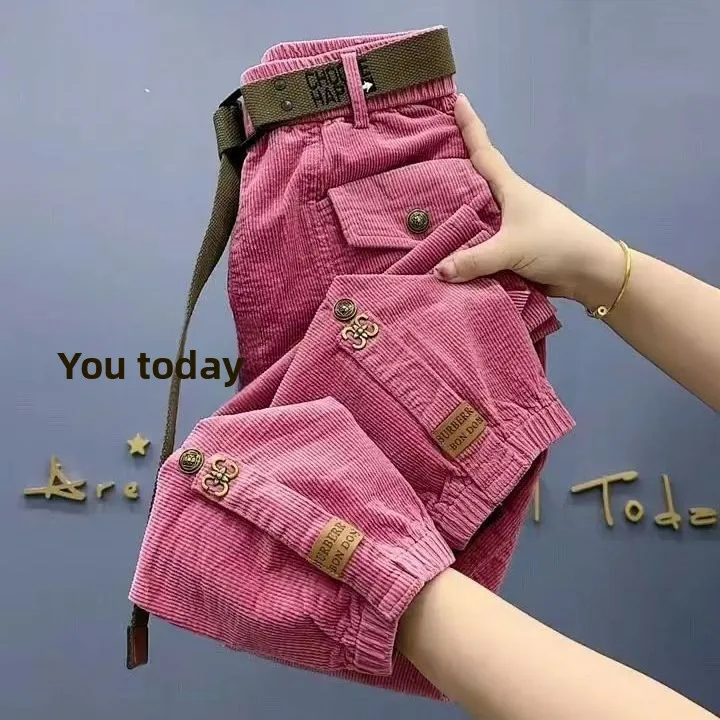 

Женские модные повседневные брюки из вельвета с высокой талией, прямые брюки-харланы с эффектом похудения, с поясом