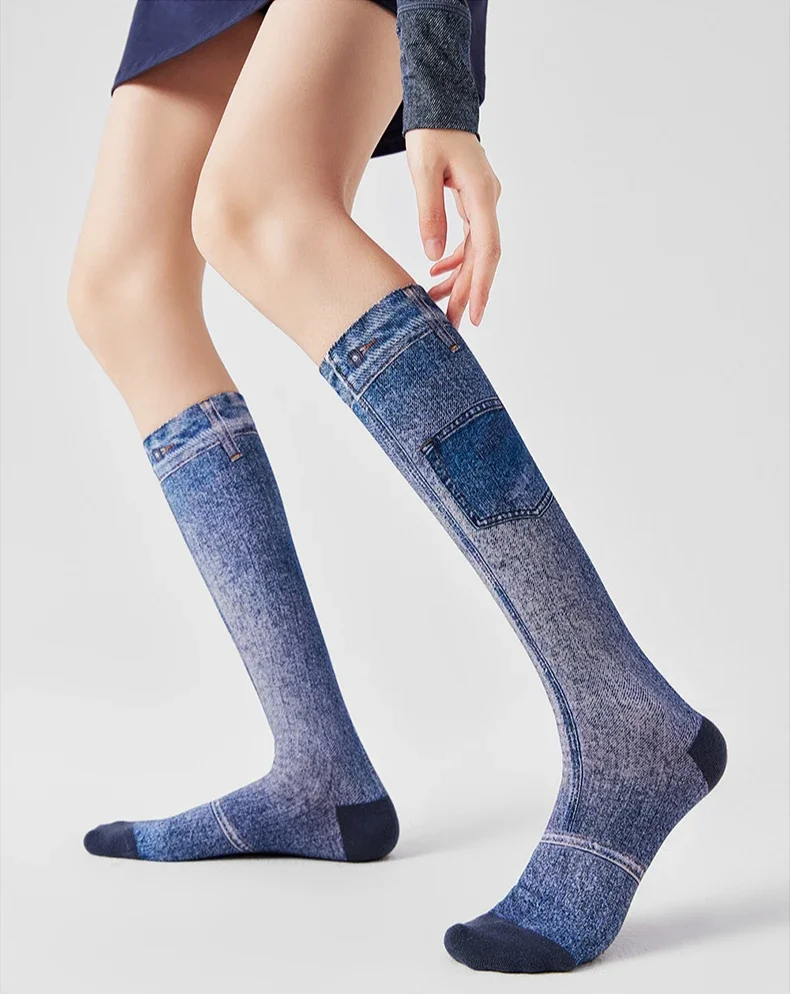 

Denim optical illusion calf socks terry women's Japanese thin stockings ins tide autumn a line