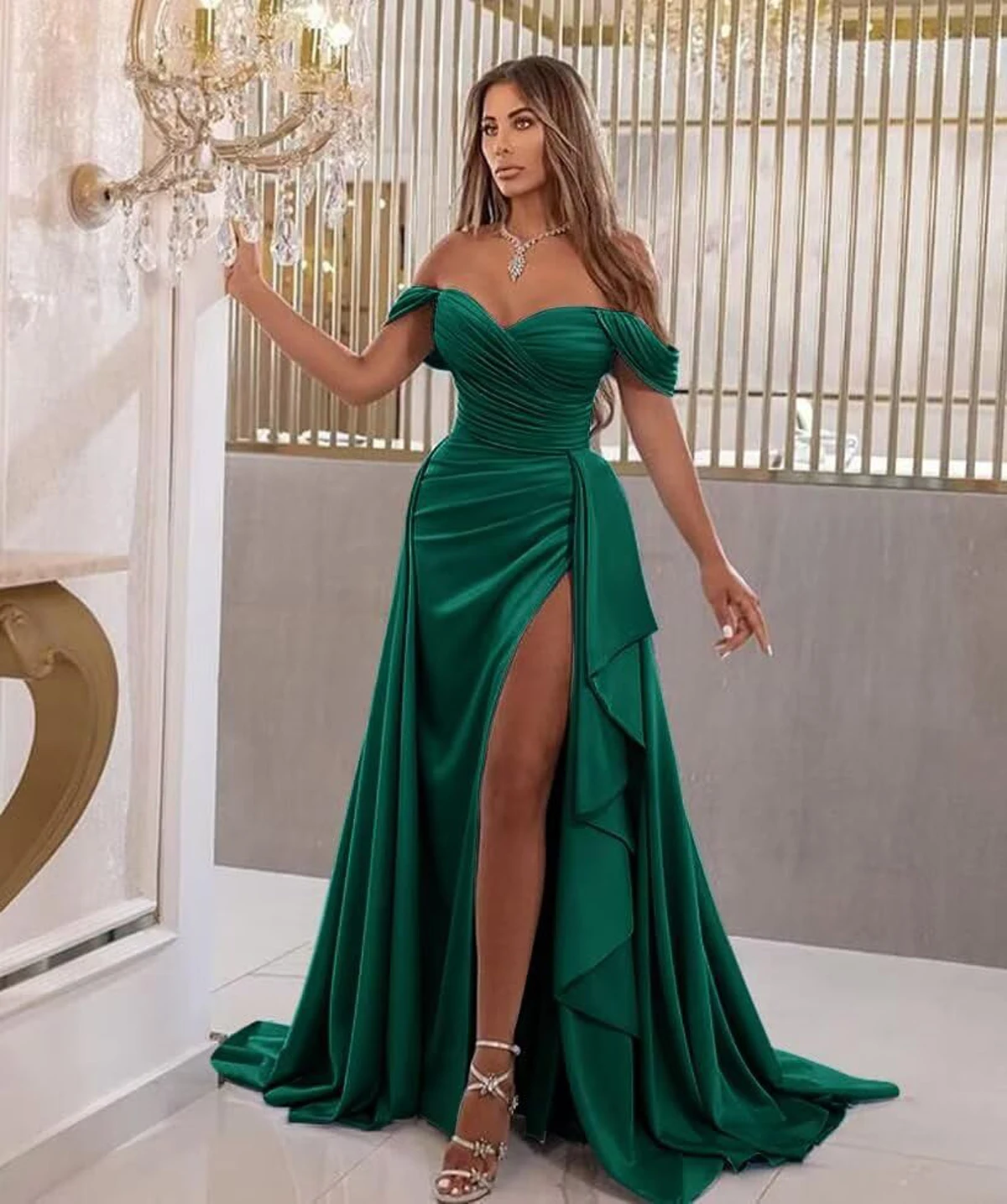 

Mermaid Satin Prom Dresses with Slit 2025 Off Shoulder Backless Formal Dresses for Women Evening Party robe de soiree
