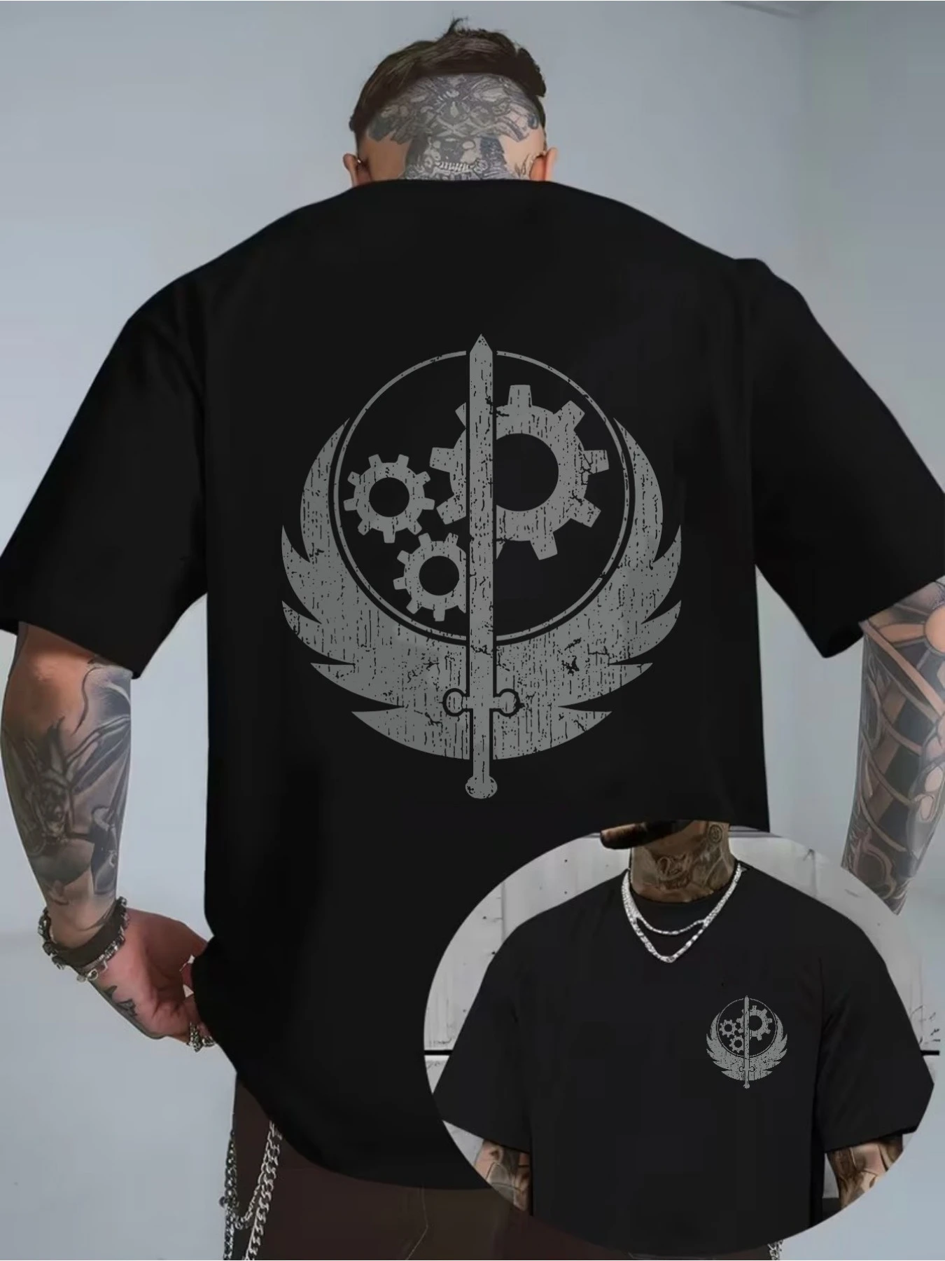 Image of Herren-T-Shirt mit Brotherhood of Steel Steampunk-Logo, Fallout Sci-Fi Wasteland Gamer Casual Tee