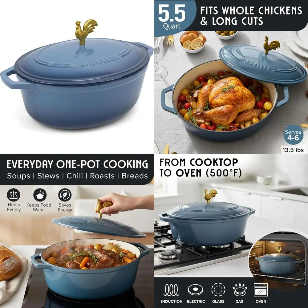 

Enameled Cast Iron 5.5 Quart Oval Dutch Oven, Heavy-Duty Cookware, Rooster Knob, Oven-Safe up to 500°F, Ideal for All Cooking Ne