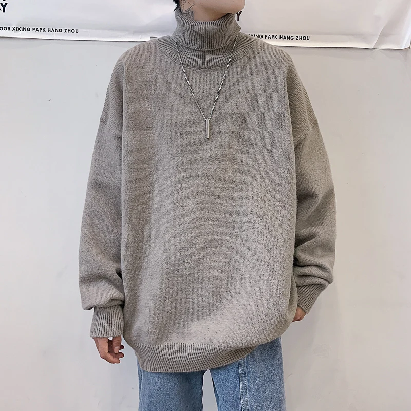 Men's Turtleneck Sweater Autumn Men's Warm Knitted Sweater Solid Color Harajuku Korean Style High Neck Oversized Male Brand