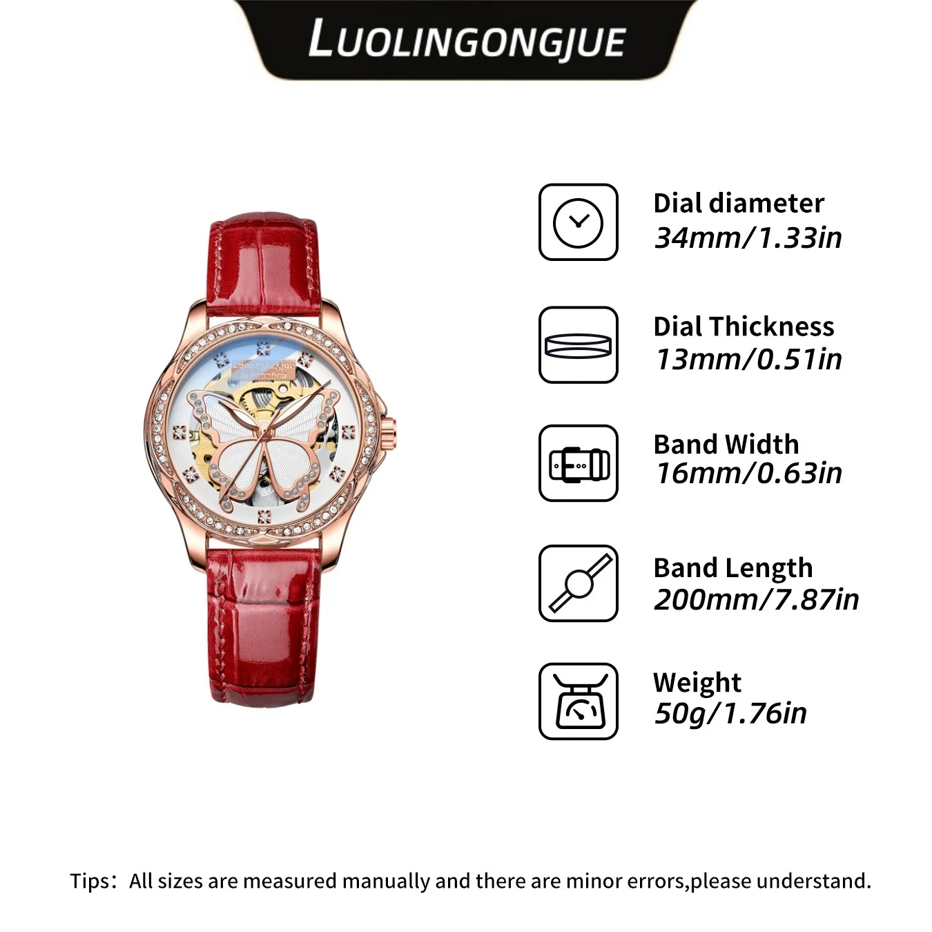 Compact, Light and Luxurious, Fashionable Butterfly Dial Automatic Mechanical Watch for Women, High-End Diamond-Encrusted Waterproof Fully Automatic Mechanical Watch for Women, Hollow Design, the Best Gift for Her, No Batteries Required