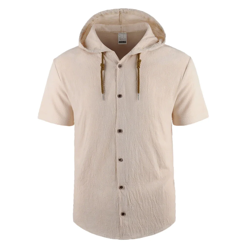 Men's Cotton Linen Shirt Hooded Stylish Top Breathable Lightweight Simple Style Claasic Shirts Single Breasted Male Fashion Tees